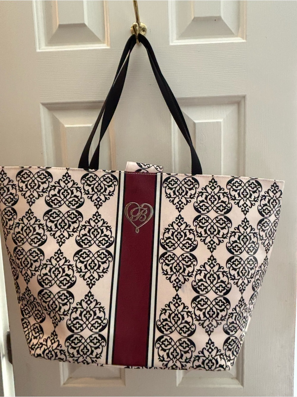 Brighton Cream & Black Patterned Tote Bag with Burgundy Stripe